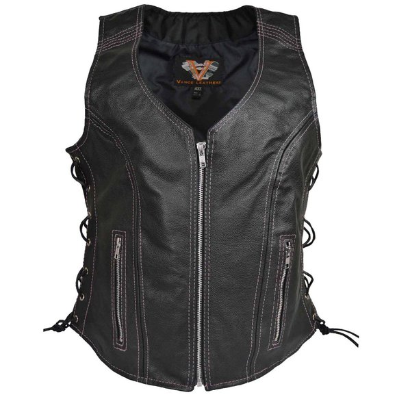 Women's Black Lace Side Zipper Pocket Premium Cowhide Leather Biker Vest - Picture 7 of 13